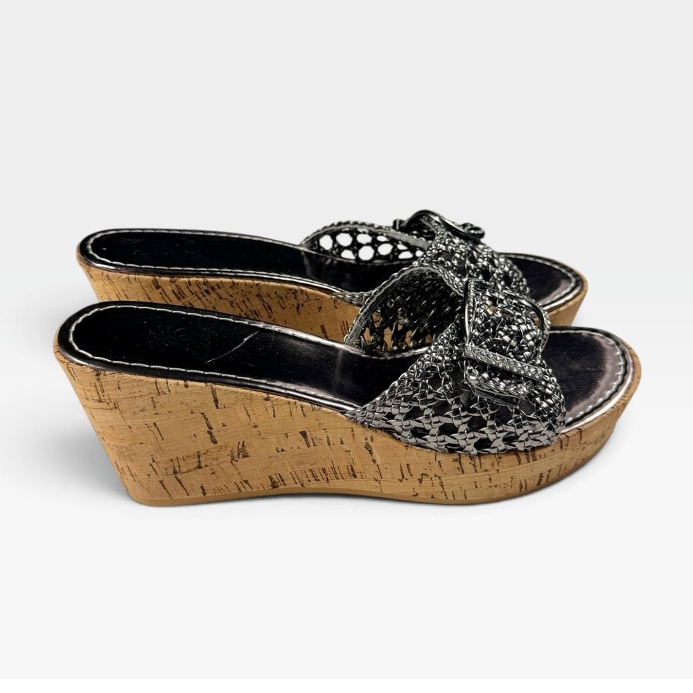 Yellow Box Debbie Wedge Sandals Womens 10 Pewter Woven Rhinestone Buckle